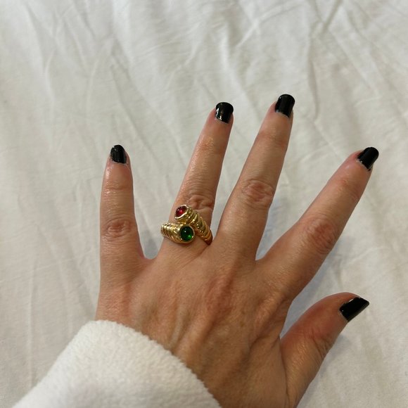 Gold & Cabochon Green & Red Gemstone Bypass Ring - Picture 6 of 10